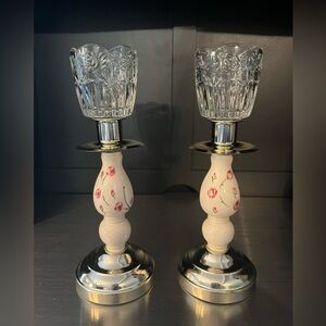 Vintage Homco Porcelain Brass Tone Candlesticks Set Of 2